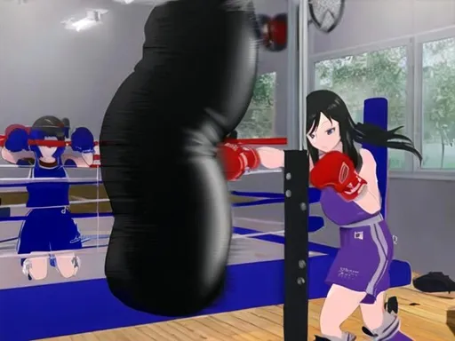 Prompt: Anime girl punching bag training 