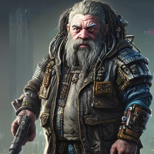 Prompt: A photorealistic cyberpunk dwarf with a granade launcher.