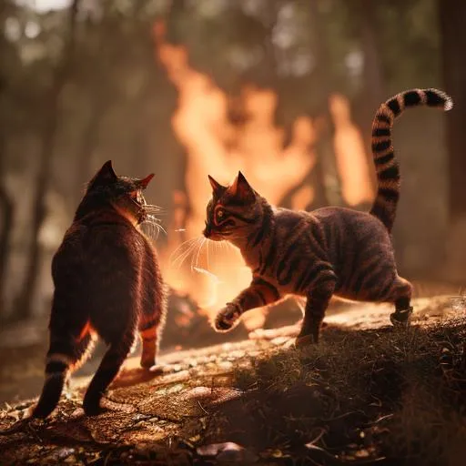 Prompt: 2 cats fighting in a forest, fire raging around them