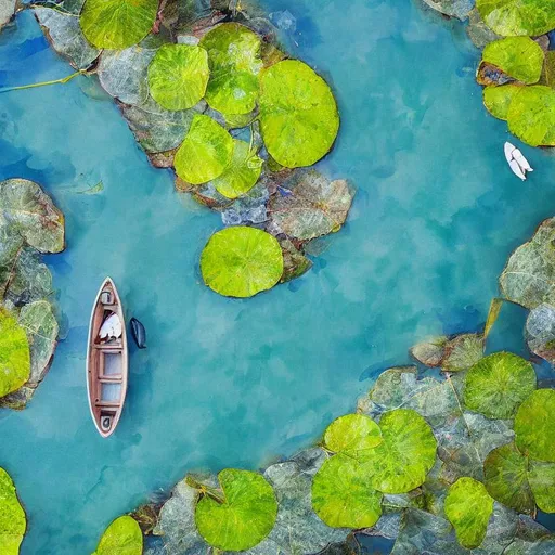 Prompt: a WATERCOLOUR PAINTING of aerial view of a CLEAR WATER rever  WITH A small BOAT SAILER girl WITH few lotus here and there leaves.  super detailed, 8k, high quality, sharp focus, studio photo, intricate details, highly detailed.