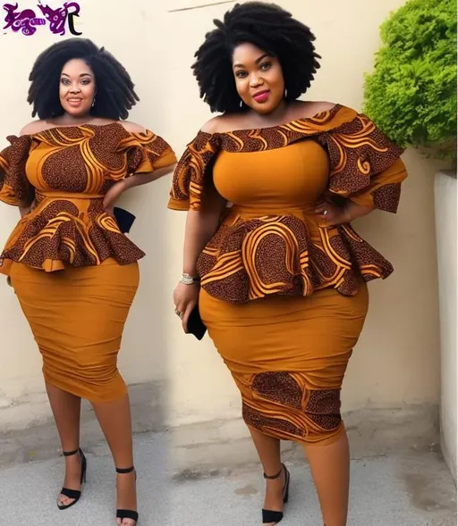 Prompt: Caramel coloured 40 year old plus size curvy woman with thin shoulder length dreadlocks and ankara cold shoulder peplum dress