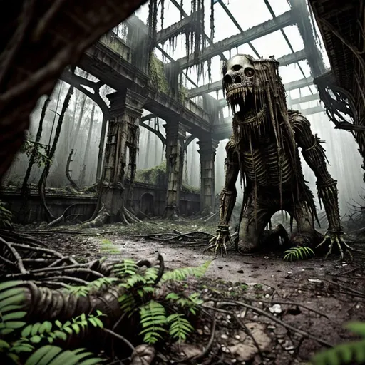 Prompt: humanoid ghoul creature, eerie mutant, decaying, rotten skin, ragged clothes, dirt, multilayered,, old apocalyptic city wasteland overgrown by oppressive huge forest, vines, plants and roots growing, cracking through walls, 3d render,  high detail,