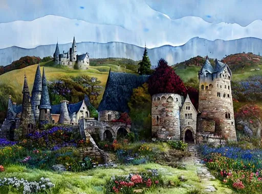 Little Castle In A Beautiful Landscape, Watercolor, 