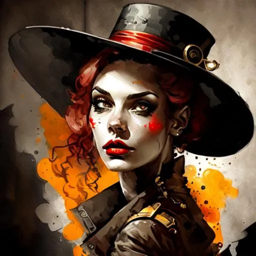 Prompt: black Steampunk woman, pretty face, red lips, tall hat, closeup