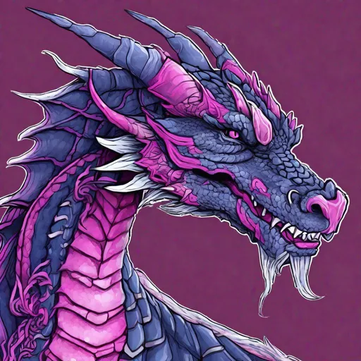 Prompt: Concept design of a dragon. Dragon head portrait. Coloring in the dragon is predominantly navy blue with magenta streaks and details present.