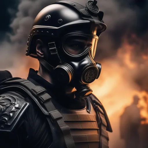 Prompt: Several modern roman military male in black military roman armor, and gas mask, background last days in earth, Hyperrealistic, sharp focus, Professional, UHD, HDR, 8K, Render, electronic, dramatic, vivid, pressure, stress, traumatic, dark.