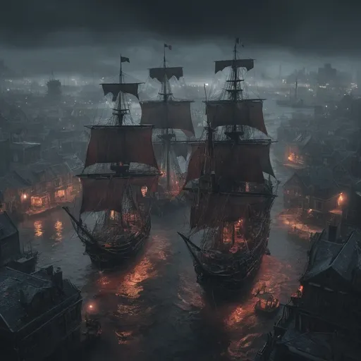 Prompt: Arial view, pirate ships with black and red sails, Victorian era, detailed ships, high quality, dystopian, atmospheric lighting, cool tones, detailed cityscape, professional foggy,  dramatic fantasy settlement scene, cinematic lighting