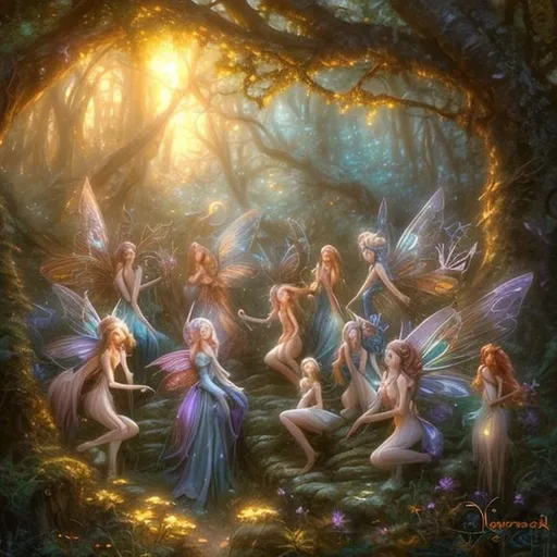 Prompt: a group of beautiful fairies in the woods, style of Alayna Lemmer