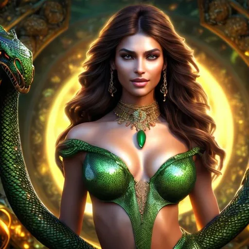 Prompt: HD 4k 3D 8k professional modeling photo hyper realistic beautiful woman ethereal greek goddess of harmony
caramel brown hair green eyes gorgeous face olive skin shimmering robe statement necklace full body surrounded by serpent and magical glowing ambience hd landscape background garden with fountain and serpents