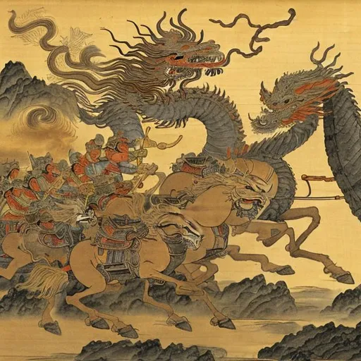 Prompt: a sun dragon pulling helios' sun chariot ancient chinese painting