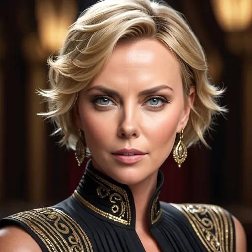 Prompt: Waist high Portrait of a handsome (Charlize Theron) in black dress,  perfect detailed face, detailed symmetric hazel eyes with circular iris, realistic, stunning realistic photograph, 3d render, octane render, intricately detailed, cinematic, trending on art station, Isometric, Centered hyper  realistic cover photo, awesome full color, hand drawn, dark, gritty, Klimt, erte 64k, high definition, cinematic, neoprene, portrait featured on unsplashed, stylized digital art, smooth, ultra high definition, 8k, unreal engine 5, ultra sharp focus, intricate artwork masterpiece, ominous, epic, trending on art station, highly detailed, vibrant, ultra-realistic, concept art, elegant, highly detailed, intricate, sharp focus, depth of field, f/1.8, 85mm, medium shot, mid shot, (((professionally color graded))), bright soft diffused light, (volumetric fog), trending on Instagram, hdr 4k, 8k