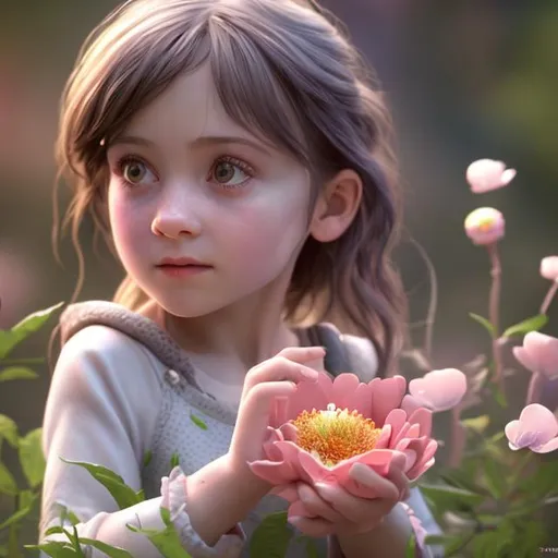 Prompt: hyperrealistic, 3d, detailed, 4k, image of a 5 year old girl holding a flower
