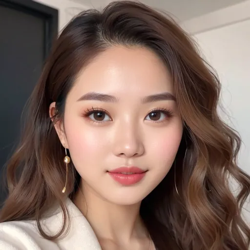 Prompt: Wasian girl in TikTok video (showing TikTok GUI template. Cute, sensual, pretty, very appealing (half Spanish/ German and half Taiwanese/ Filipina that looks more white). More on the tan side, with brunette wavy curly hair