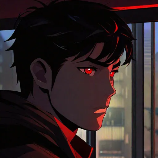 Prompt: Damien (male, short black hair, red eyes) staring out the window, stalking, sadistic look on his face