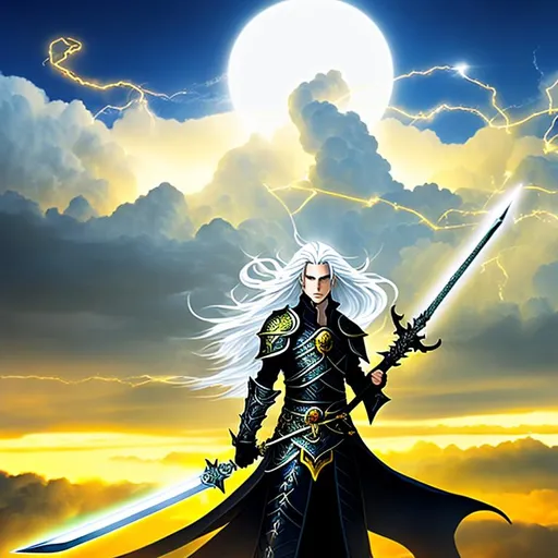 Prompt: Elric of Melnibone, albino with long white hair, holding black sword Stormbringer, dragons flying in yellow sky