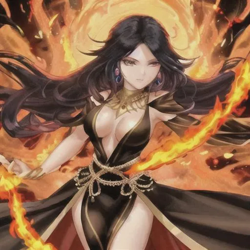 Prompt: beautiful fire goddess , flaming hair, black dress,