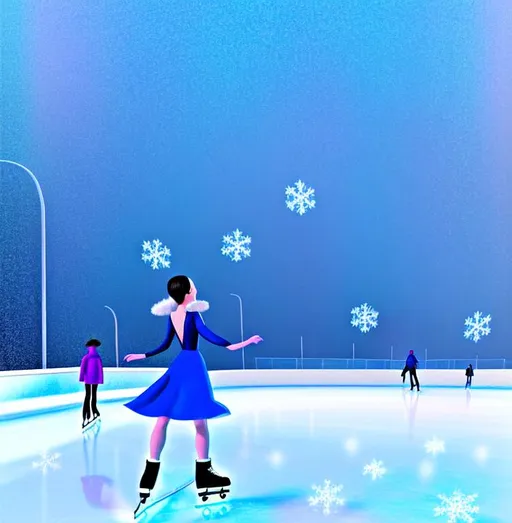 Prompt: clean modern contemporary magazine graphic illustration of The back view of a girl in a blue shiny show dress skating on the ice with a spin in a outdoor frozen ice rink inspired by Evgeny Lushpin,winter,cinematic,