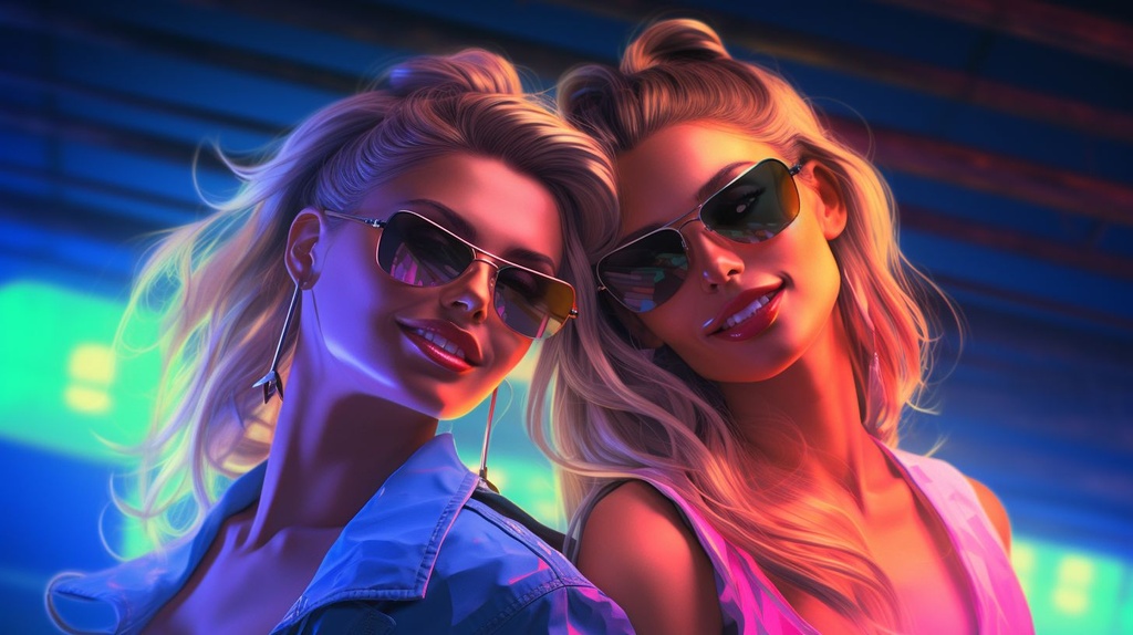 Prompt: two blond girls in neon light at nightclub of new york, in the style of realistic hyper-detailed portraits, dreamlike illustrations, seaside scenes, ultra realistic, vibrant street scenes, bronze, sun-kissed palettes