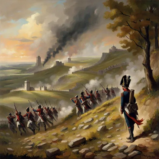 Prompt: Napoleonic War, Hill, Soldier, Painting Art, Attack Helicopter 