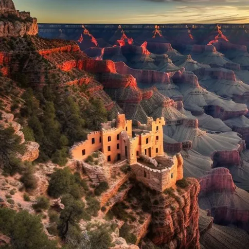 Prompt: an isolated castle built into the cliff face of the Grand Canyon. peaceful, natural lighting, bright, beautiful, fairy tale.