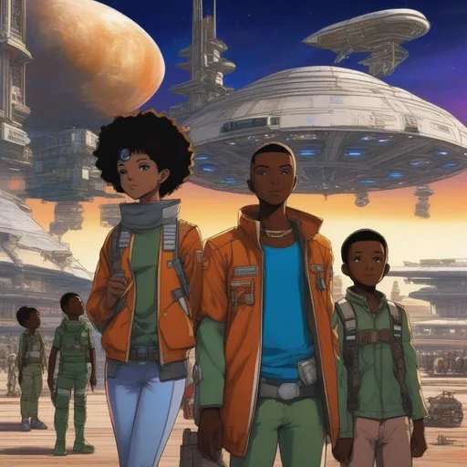 Prompt: A scifi african family ready to embark for space. Brightfull colors. In background a space port full of space ships. Well draw face. Detailed. Rpg art. 
Anime art. Akira art. Leiji Matsumoto art. 2d art. 2d.