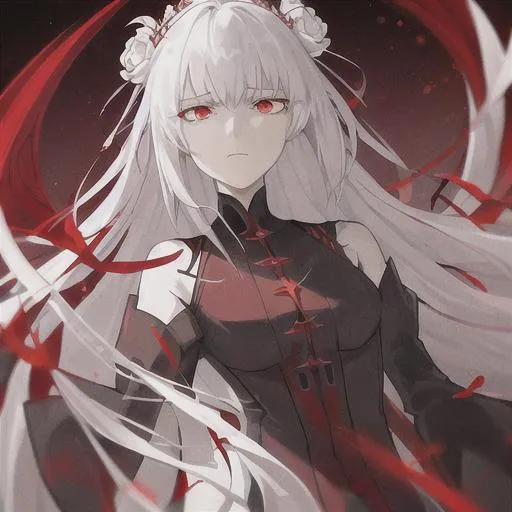 Prompt: Red_Eyes, White_Hair, Flower Hornet Dress, Suppressed Emotional State, Emperor Queen, Stoic, :I