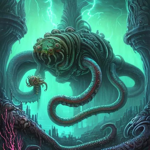 Prompt:  fantasy art style, painting, deep ocean, ancient, Mayan, Aztec, green, green lights, green neon lights, lightning, colourful, murky, H. R. Giger, waves, misty, biological mechanical, pipes, snakes, serpents, eels, tentacles, octopus, jellyfish, squid, giant robot, pregnant robot