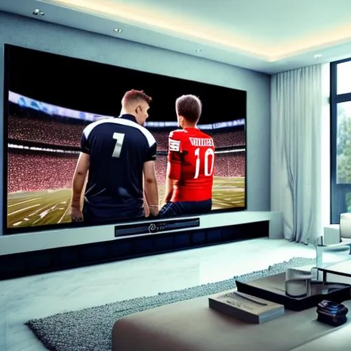 Prompt: father and son watching football on vey big tv screen size, players is coming out from tv like a 3d , the room is very big and modern style