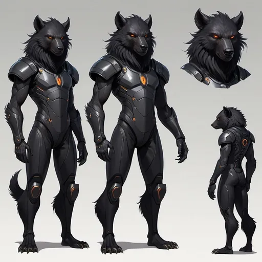 Prompt: (character design sheet) "A young, humanoid dark shaved horned furry person-like creature standing upright with vibrant all black fur and a thick mane. Wearing black scientific combat suit. Serious aggressive eyes, and a face that combines bear-like features with subtle human-like expressiveness. Intricate energies pulse with soft light on its armor"