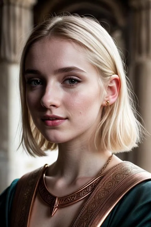 Prompt: a young woman, cute face, pale skin with copper undertones, small nose, flat chest, short chestnut hair, white eyes, white makeup, wearing Roman clothes, white eyes, Rome, lord of the rings, Tolkien, beautiful, smiling, fully clothed, happy, blushing, cozy, moody, cute looking, masterpiece, nature, masterpiece, hd quality, 8k, detailed, high quality, high resolution