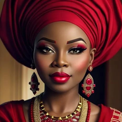 Prompt: Ruby lady-African lady all in red, pretty makeup, elegant, nice clothes, facial closeup