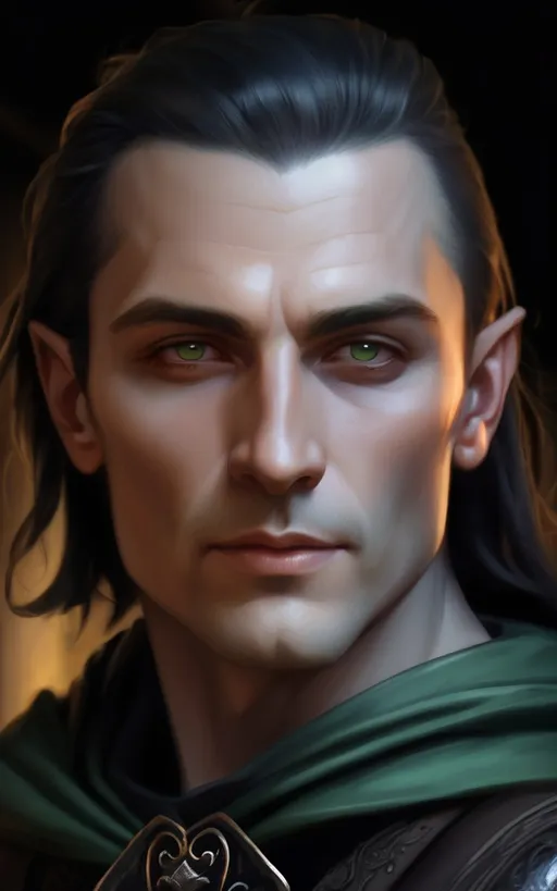 Prompt: Fantasy portrait, digital art, masterpiece:1.4, best quality:1.0, photorealistic, highly detailed, medieval fantasy, character portrait, handsome pale elf, pointed ears, blonde hair, aged 55 <mymodel> dark green rogue cape, high fantasy, clean shaven, thin lips, devilish grin, raised eyebrow, small wide-set eyes, oval face, high quality, rich colors, vibrant lighting, baroque style, detailed clothing, medieval town background