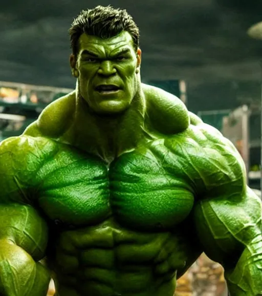 Prompt: Alan ritchson as the incredible hulk movie still, muscular, green skin, green face