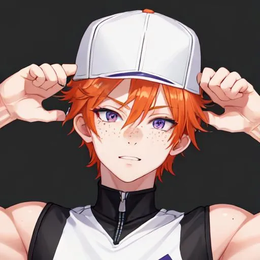 Prompt: Erikku male (short ginger hair, freckles, right eye blue left eye purple) muscular, UHD, 8K, Highly detailed, insane detail, best quality, high quality. hands in the air, wearing a sideways baseball cap