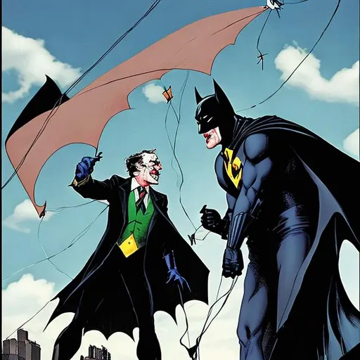 Prompt: Batman flying a kite with joker