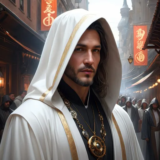 Prompt: Three-quarters portrait, holy lowly priest dressed in white robes, hooded, dark energy, face not visible, dark energy under cloak, evil energy, static, swirling black magic, fantasy, highly detailed, digital painting, steampunk city, in the streets, big crowd, art by Stanley Lau and Artgerm and magali villeneuve and Alphonse Mucha, artstation, octane render, cgsociety, HDR, UHD, 64k, best quality, best quality, masterpiece:1.5)

