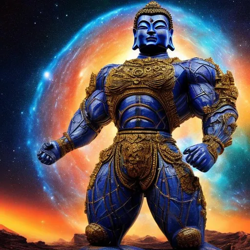 Prompt: lazurite armored bodybuilding buddha, widescreen, infinity vanishing point, spiral galaxy nebula background