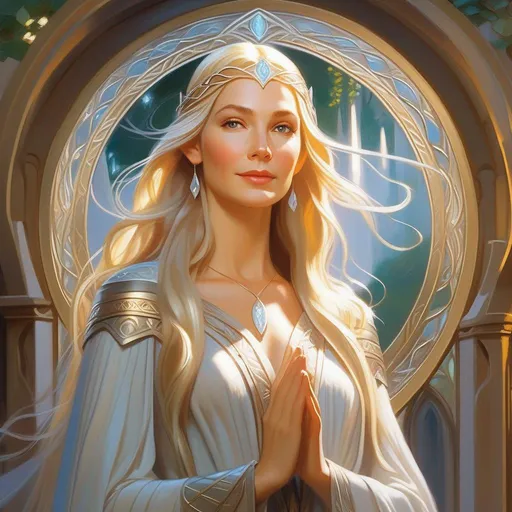 Prompt: galadriel (as described in LOTR the book), third person, gameplay, fantasy, silver atmosphere, cartoony style, extremely detailed painting by Greg Rutkowski and by Henry Justice Ford and by Steve Henderson 