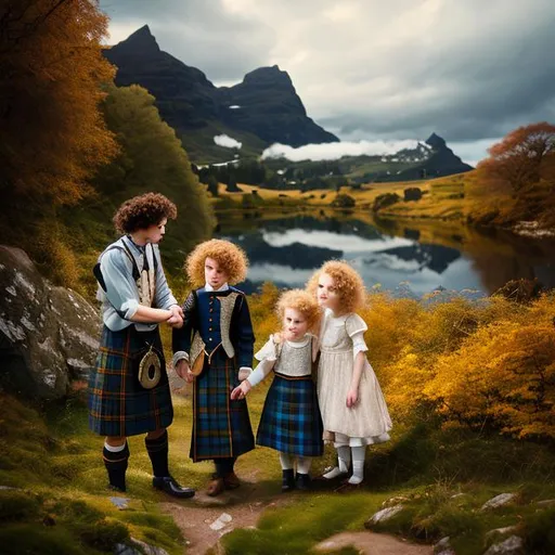 Prompt: Black hair young men with blue eyes, pale skin,giving a hand to a little girl, red curly hair,clothes from 18th century, scotland landscape ,analog filter, perfect composition, hyperrealistic, super detailed, 8k, high quality, trending art, trending on artstation, sharp focus, intricate details, highly detailed