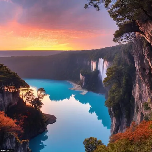 Prompt: a vast cliff with a waterfall falling off the end, opening up into a beautiful blue lake, flanked by a clearing on all sides, with deer and birds everywhere and small fish swimming in the lake as the sun sets, dying the sky with rose gold and orange as the clouds shift around and night falls over the pine forest around the clearing