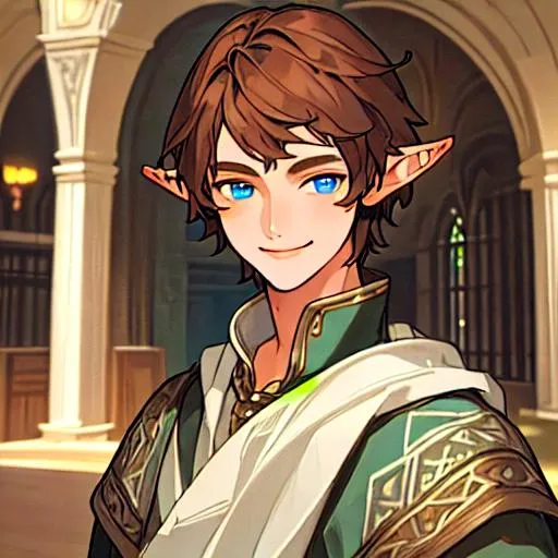 Prompt: boy, brown hair, elven ears, blue eyes, noble clothing, smiling, in a big room, very decorative, detailed face, 