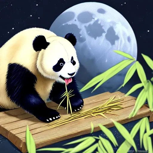 Prompt: PANDA EATING BAMBOO ON THE MOON 
