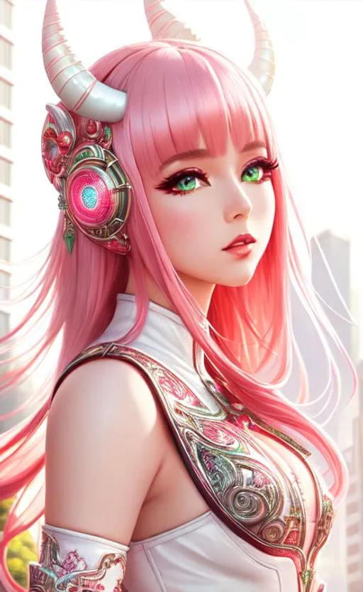 Prompt: hyperdetailed intricate elaborate beautiful girl, with smooth pink hair, two very small red horns,

hyperdetailed red an white clothes,

hyperdetailed white buildings, futuristic city, green plants, cosmic mist,

cinematic lighting, colorful glamorous sunshine, windy, sunny,

album cover art, 128K resolution,