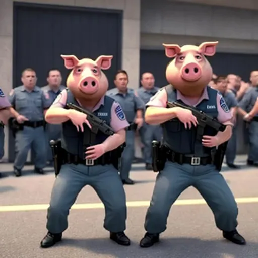 Prompt: Two terrified bipedal pig-police officers in uniform are backed up against a building wall by a large crowd of furious fed up citizens ready to attack them Photo realistic.