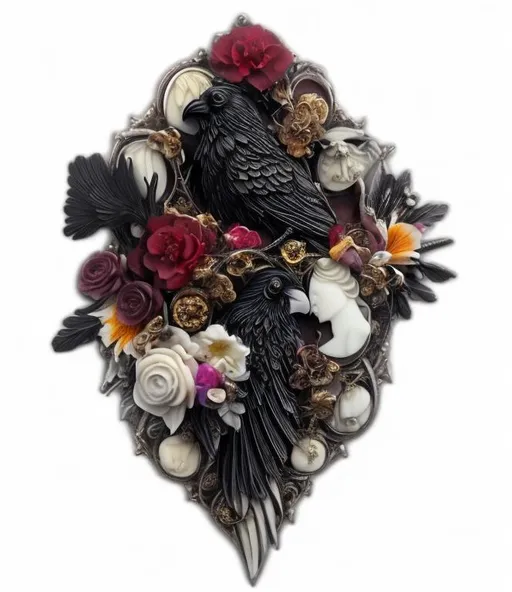 Prompt: single raven enclosed in a cameo, black, white,deep red, gold, surrounded by cosmo flowers, gladiolus flowers, gothic style