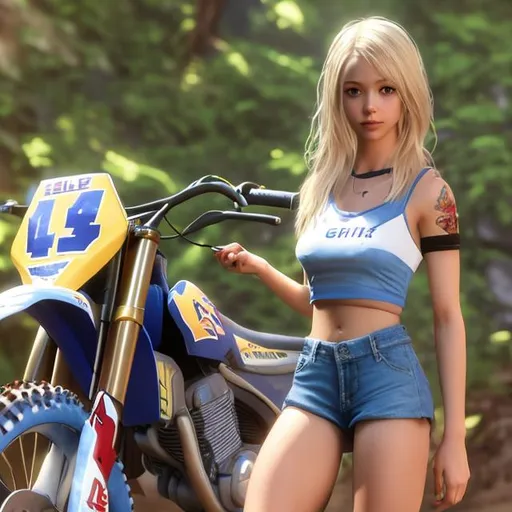 Prompt: cgi realistic high resolution, petite blonde female, shoulder length hair, age 25, tiny jean shorts, blue bikini top, tattoos, riding a dirt bike