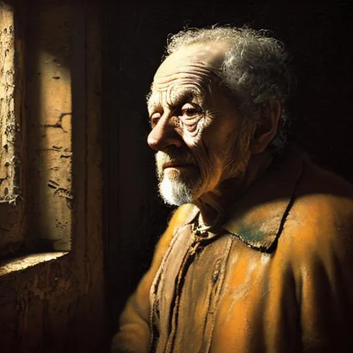Prompt: Oil painting of a lonely man who's been waiting for 43 years for the world to make sense. Detailed, octane render, Rembrandt, highly detailed face, single light source from window
