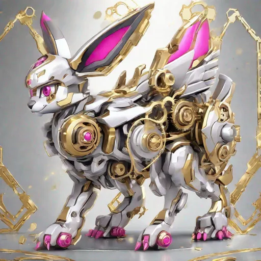 Prompt: Eevee, white and silver, gold wave stripes, gears, pink eyes surrounded by gold metal, mecha, masterpiece, best quality, in cartoon style