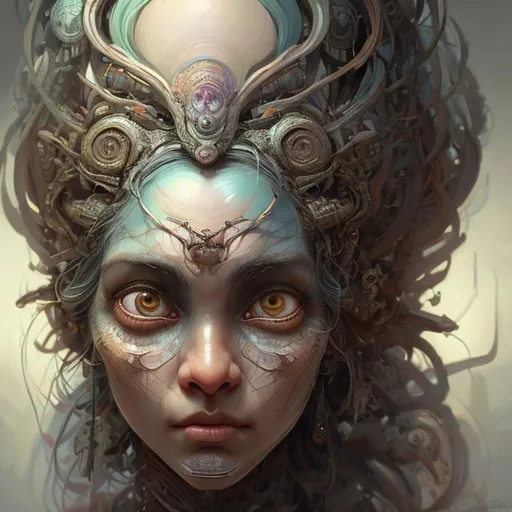 Prompt: Closeup face portrait of a Baba-Yaga, smooth soft skin, big dreamy eyes, beautiful intricate colored hair, symmetrical, anime wide eyes, soft lighting, detailed face, by Peter Mohrbacher, concept art, digital painting, looking into camera Model Configs

width 640; height 512; CFG Scale13; Steps 50; Sampler d dim