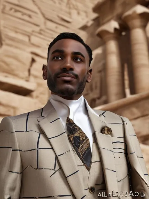 Prompt:  men's suit filled with pharaonic inscriptions mixed with a modern cut with Italian elegance